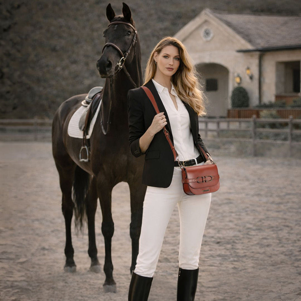 Delaney - Equestrian Stirrup Crossbody Luxury Leather Handbag in Cognac